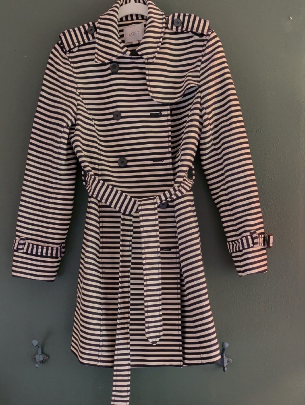 LOFT Striped Double-Breasted Trench Coat in Black and White